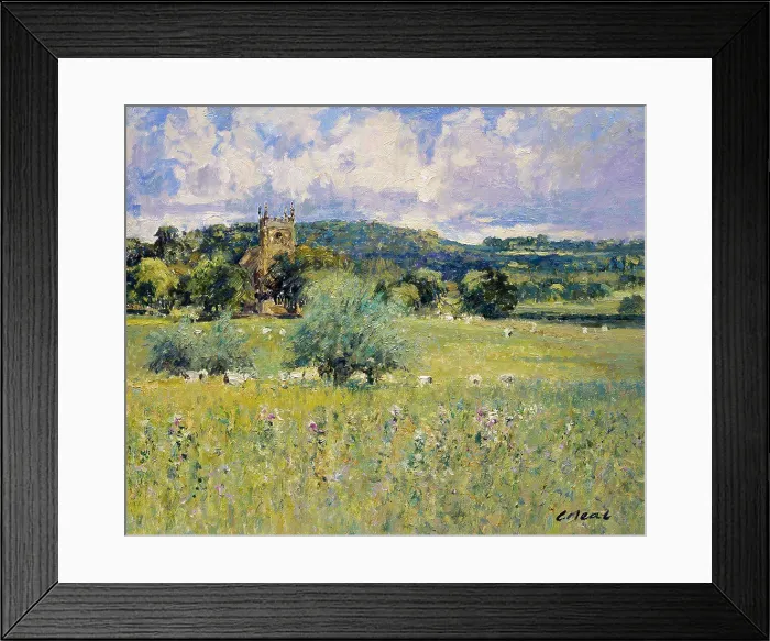 Framed Print : Meadows At Weston Subedge, Warwickshire- Afternoon, August 2003 Charles Neal (b.1951 / British) Oil on panel
