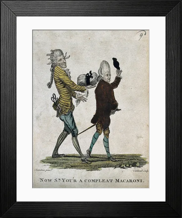 Framed Print : A fashionable man takes his hat off while strolling; his hairdresser assists him by supporting the weight of his large Framed Print : A fashionable man takes his hat off while strolling; his hairdresser assists him by supporting the weight of his large