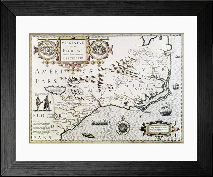 Framed Print : Map of Virginia and Florida, print, 1606 Framed Print : Map of Virginia and Florida, print, 1606
