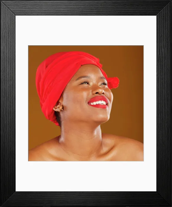 Framed Print : Beauty, thinking and black woman with skincare and head wrap with smile isolated in brown studio background Framed Print : Beauty, thinking and black woman with skincare and head wrap with smile isolated in brown studio background