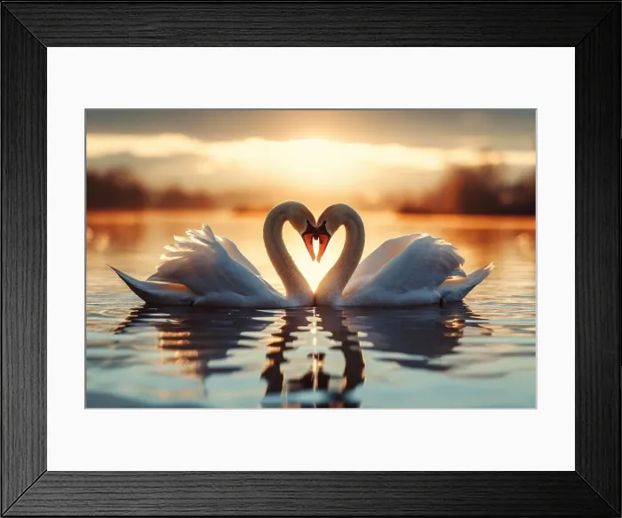Framed Print : Romantic swans making a heart shape, Swan couple for Valentine's Day Framed Print : Romantic swans making a heart shape, Swan couple for Valentine's Day