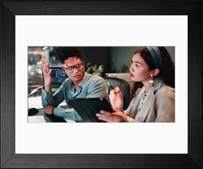 Framed Print : Discussion, tablet and business people in office for trading Framed Print : Discussion, tablet and business people in office for trading