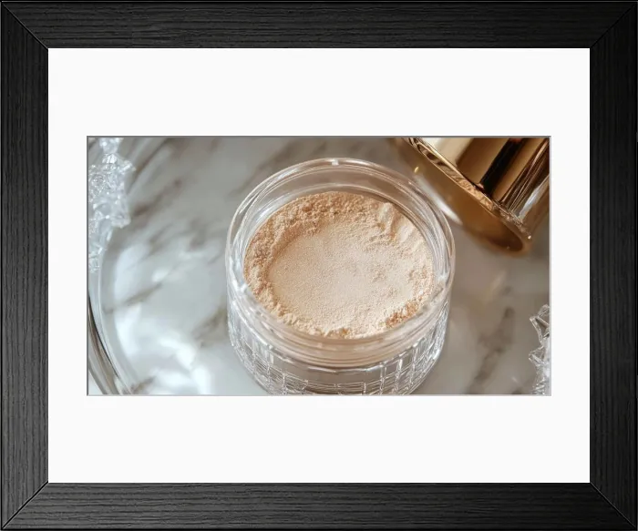 Framed Print : A finely milled loose powder rests in a crystal jar Framed Print : A finely milled loose powder rests in a crystal jar