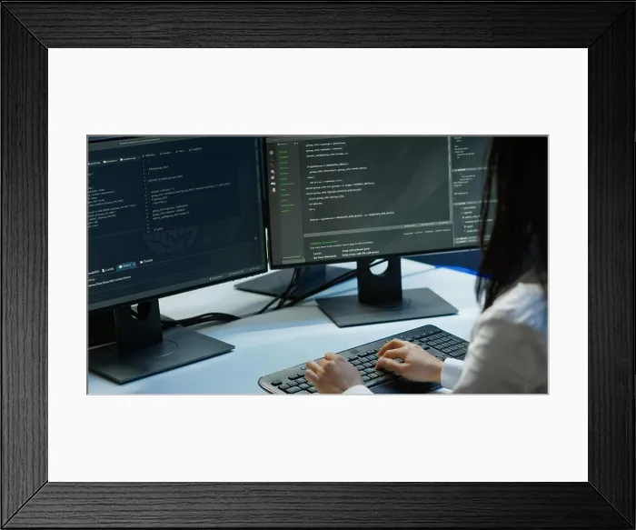 Framed Print : Computer scientist in data center monitoring security threats using PC Framed Print : Computer scientist in data center monitoring security threats using PC
