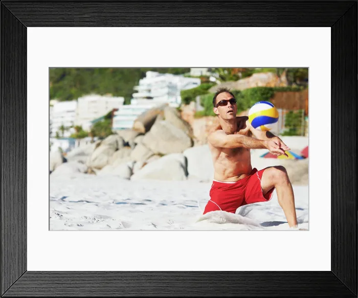 Framed Print : Beach, sports man and strike volley ball in game