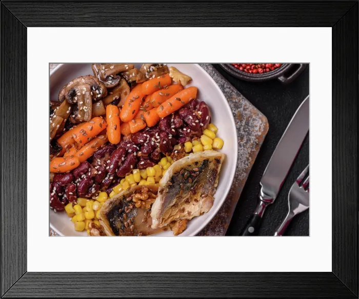 Framed Print : A colorful vegetarian dish consists of fish Framed Print : A colorful vegetarian dish consists of fish