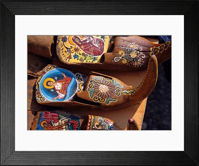 Framed Print : Painted antique Balamarkas, farming implements, for sale on stall, Arbanassi, Bulgaria Framed Print : Painted antique Balamarkas, farming implements, for sale on stall, Arbanassi, Bulgaria