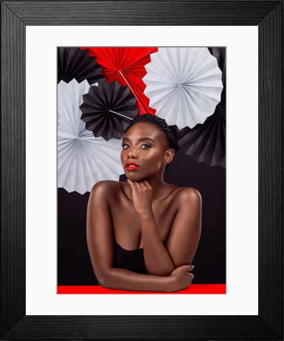 Framed Print : Creative, portrait and black woman with origami fans in studio Framed Print : Creative, portrait and black woman with origami fans in studio