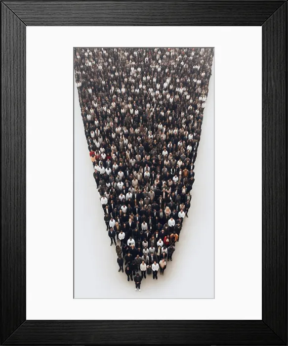 Framed Print : big dence crowd of people on white background in wedge formation, neural network generated image Framed Print : big dence crowd of people on white background in wedge formation, neural network generated image
