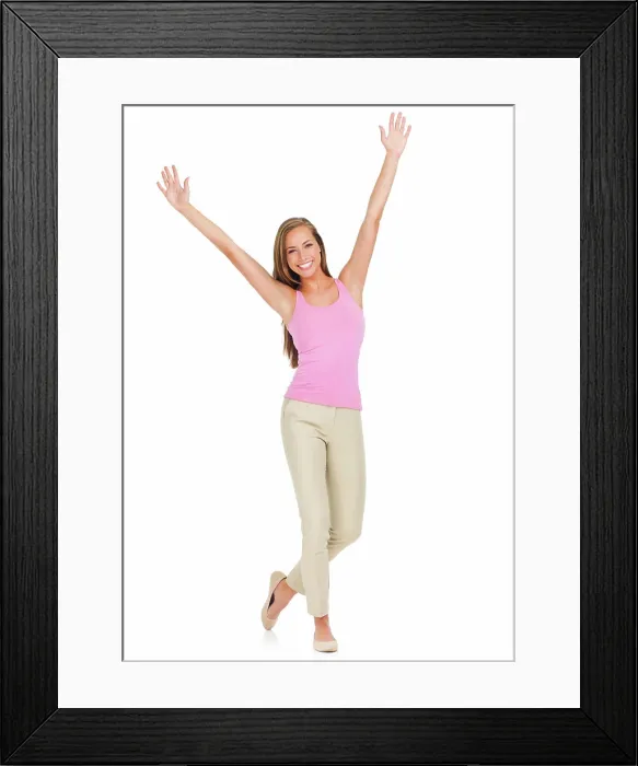 Framed Print : Studio, portrait and woman with celebration for success Framed Print : Studio, portrait and woman with celebration for success