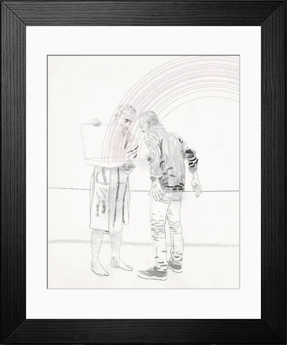 Framed Print : Man showing open box with rainbow to other man Framed Print : Man showing open box with rainbow to other man