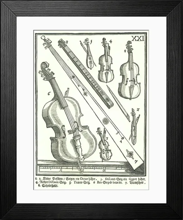Framed Print : Violins and related instruments by Michael Praetorius from Syntagma Musicum, woodcut, 161420 Framed Print : Violins and related instruments by Michael Praetorius from Syntagma Musicum, woodcut, 161420