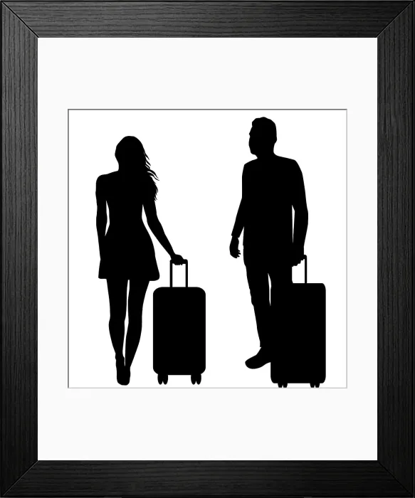 Framed Print : Silhouettes of a woman and a man with suitcases on wheels