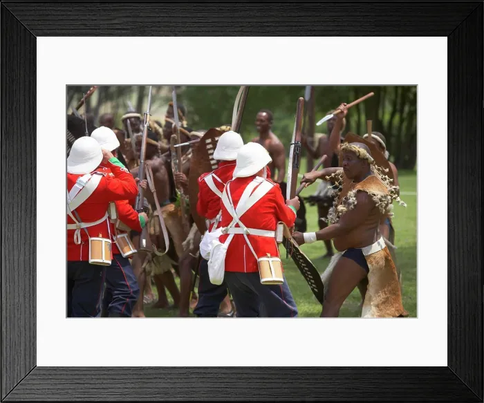 Framed Print : Reenactment of British soldiers and Zulu warriors fighting. Dundee. KwaZulu Natal. South Africa Framed Print : Reenactment of British soldiers and Zulu warriors fighting. Dundee. KwaZulu Natal. South Africa