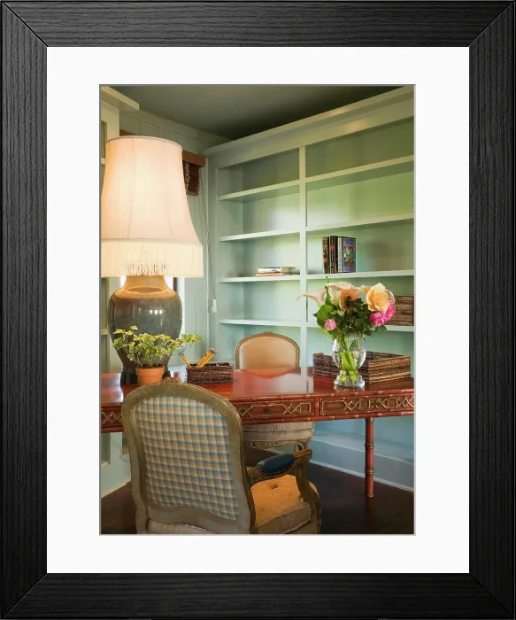 Framed Print : Small desk with chair and a large table lamp Framed Print : Small desk with chair and a large table lamp
