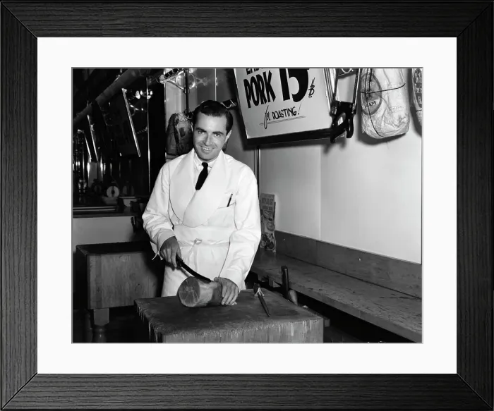 Framed Print : 1940S Smiling Man Butcher Slicing Ham Roll Butcher Shop Grocery Store Grocer Pork 15 Cents Per Pound
