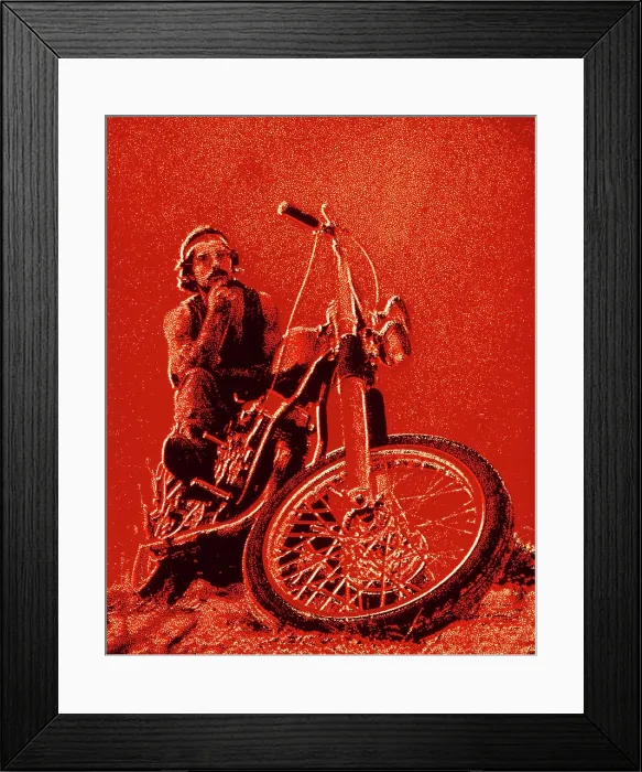 Framed Print : 1960s 1970s HIPPIE BIKER WITH HEADBAND AND MUSCLE SHIRT SITTING ON MOTORCYCLE MAN RIDER TOUGH SOLARIZED SPECIAL EFFECT Framed Print : 1960s 1970s HIPPIE BIKER WITH HEADBAND AND MUSCLE SHIRT SITTING ON MOTORCYCLE MAN RIDER TOUGH SOLARIZED SPECIAL EFFECT