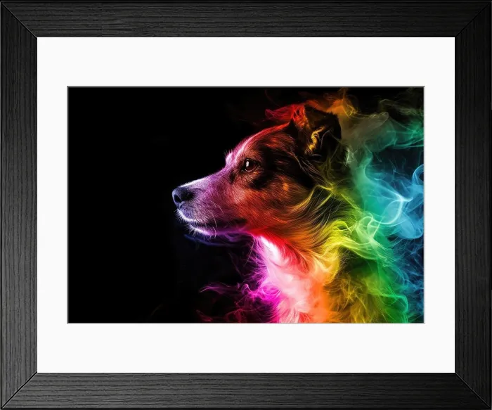 Framed Print : dog with rainbow smoky luminescent wallpaper Framed Print : dog with rainbow smoky luminescent wallpaper