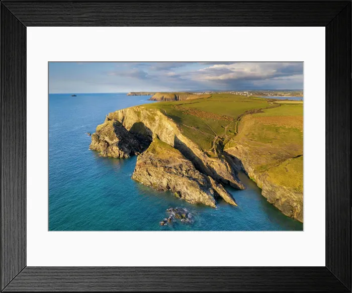 Framed Print : Aerial vista of Merope Islands and dramatic cliffs near Stepper Point in spring Framed Print : Aerial vista of Merope Islands and dramatic cliffs near Stepper Point in spring