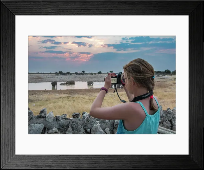 Framed Print : Young girl photographing African Elephants (Loxodonta africana) at waterhole, Etosha National Park, Namibia Framed Print : Young girl photographing African Elephants (Loxodonta africana) at waterhole, Etosha National Park, Namibia