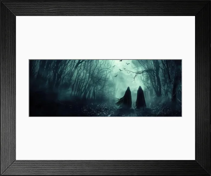 Framed Print : Two dark figures walking through a forest with birds flying overhead. Scene is eerie and mysterious Framed Print : Two dark figures walking through a forest with birds flying overhead. Scene is eerie and mysterious