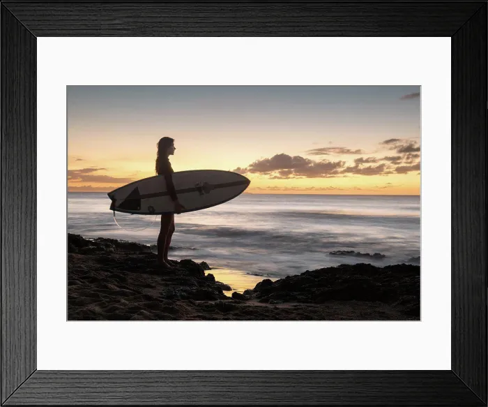 Framed Print : Surfer Girl Silhouette Against Colorful Sunset Framed Print : Surfer Girl Silhouette Against Colorful Sunset