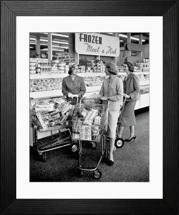 Framed Print : 1950S Three Women Meet In Frozen Food Aisle Of Supermarket Framed Print : 1950S Three Women Meet In Frozen Food Aisle Of Supermarket