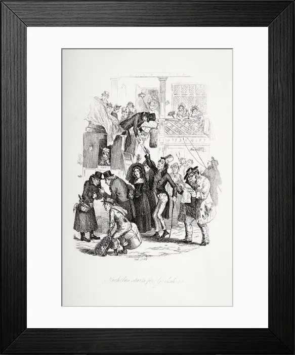 Framed Print : Nicholas starts for Yorkshire. Illustration from the Charles Dickens novel Nicholas Nickleby by H Framed Print : Nicholas starts for Yorkshire. Illustration from the Charles Dickens novel Nicholas Nickleby by H