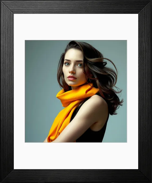 Framed Print : Elegant Woman in Vibrant Orange Scarf: Timeless Fashion and Style Inspiration Framed Print : Elegant Woman in Vibrant Orange Scarf: Timeless Fashion and Style Inspiration