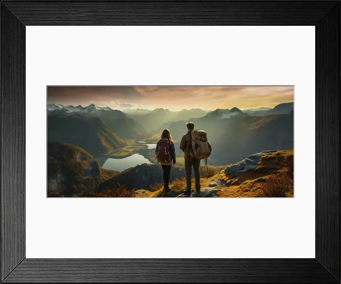 Framed Print : Image generative AI. couple standing on mountain looking landscape