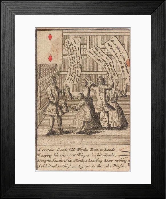 Framed Print : South Sea Bubble Playing Card by Anonymous / Private Collection / ca 1720 / England / Copper engraving Framed Print : South Sea Bubble Playing Card by Anonymous / Private Collection / ca 1720 / England / Copper engraving