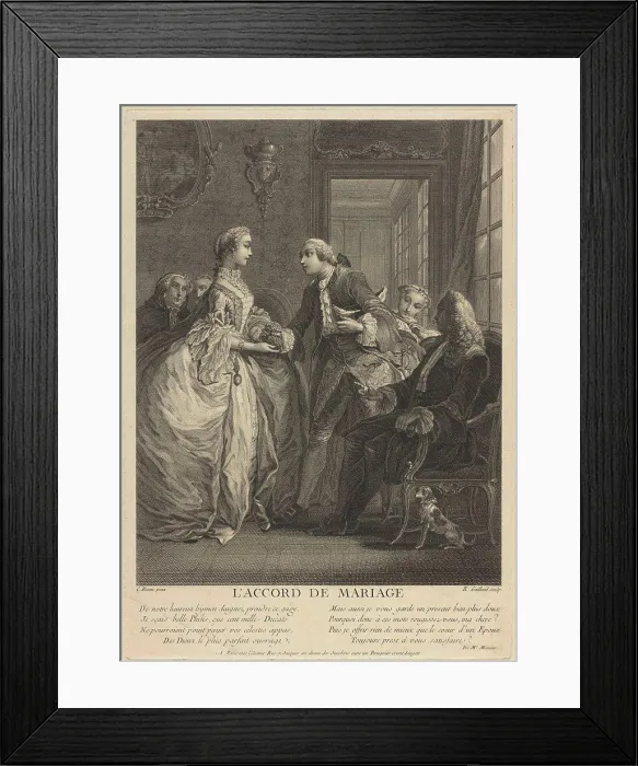 Framed Print : Marriage contract by Eisen, Charles (1720-1778) /  Private Collection /  18th century /  France /  Etching /  Rococo /  38x27 /  Genre