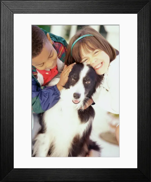 Framed Print : Portrait of a girl and a boy petting a dog Framed Print : Portrait of a girl and a boy petting a dog