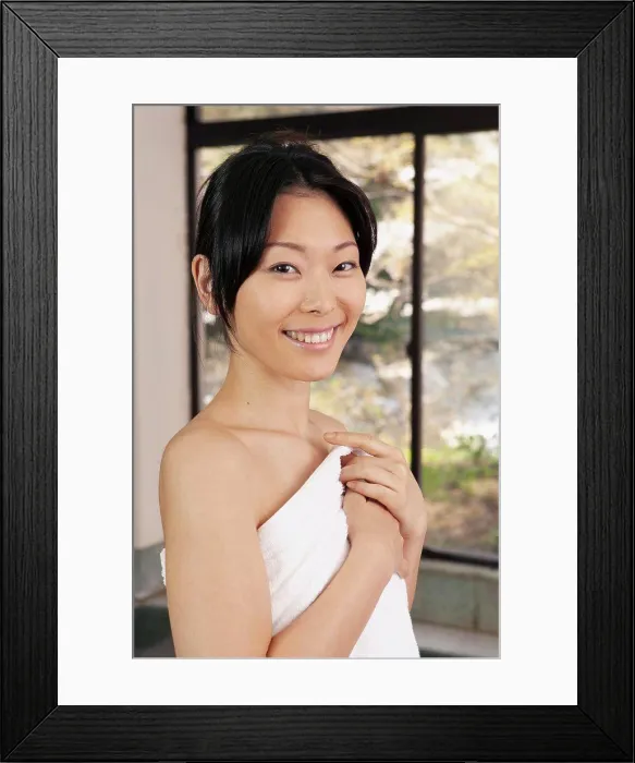 Framed Print : Portrait beautiful young woman in bathrobe at spa Framed Print : Portrait beautiful young woman in bathrobe at spa