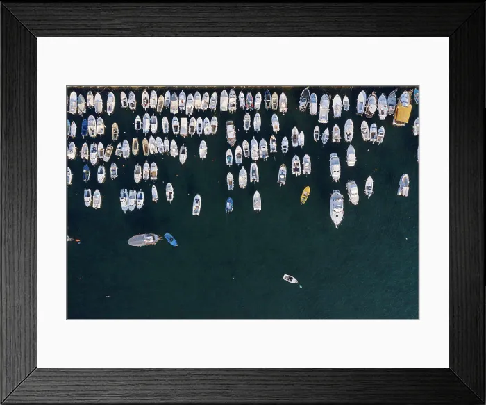 Framed Print : Aerial view of rows of moored motorboats Framed Print : Aerial view of rows of moored motorboats