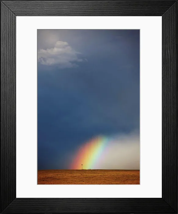 Framed Print : USA, Colorado, Rainbow, and curtains of rain at base of powerful thunderstorm, ending at lone windmill on open plains