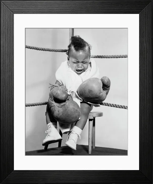 Framed Print : Crying baby dressed like boxer Framed Print : Crying baby dressed like boxer