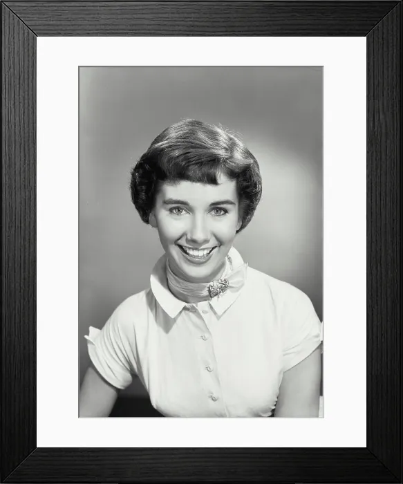 Framed Print : Vintage photograph. Portrait of brunette woman smiling wearing ribbon neck scarf Framed Print : Vintage photograph. Portrait of brunette woman smiling wearing ribbon neck scarf