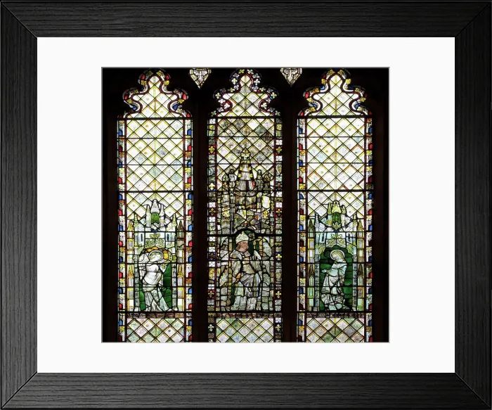 Framed Print : 14th century medieval stained glass windows in a church, Christ Church, Oxford University, Oxford, Oxfordshire, England