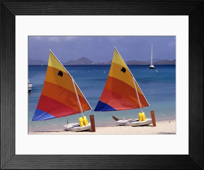 Framed Print : 1990s TWO COLORFUL SUNFISH SAILBOATS ON BEACH US VIRGIN ISLANDS Framed Print : 1990s TWO COLORFUL SUNFISH SAILBOATS ON BEACH US VIRGIN ISLANDS