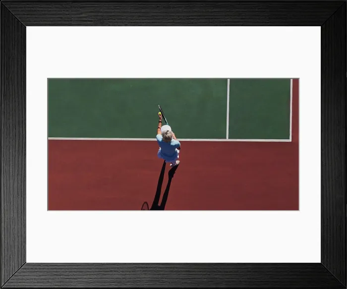 Framed Print : Ball, serve and person on tennis court with game Framed Print : Ball, serve and person on tennis court with game