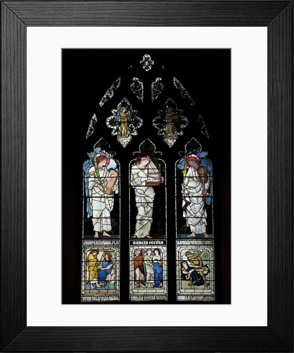 Framed Print : Saint Cecilia and Two Angels by Edward Burne-Jones on stained glass windows in a church