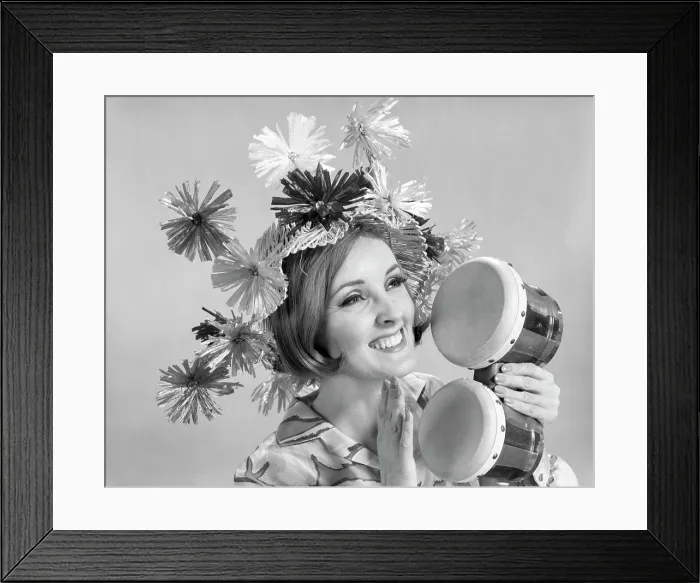Framed Print : 1960s SMILING WOMAN WAEARING GOOFY STRAW HAT PLAYING BONGO DRUMS Framed Print : 1960s SMILING WOMAN WAEARING GOOFY STRAW HAT PLAYING BONGO DRUMS