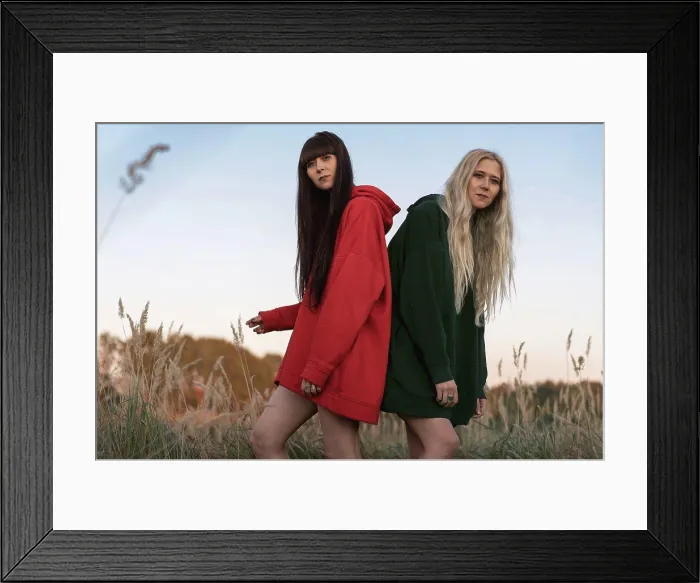 Framed Print : Fashion twin girls posing in bright clothes in the field Framed Print : Fashion twin girls posing in bright clothes in the field