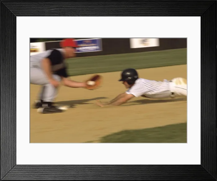 Framed Print : Baseball player sliding into a base Framed Print : Baseball player sliding into a base