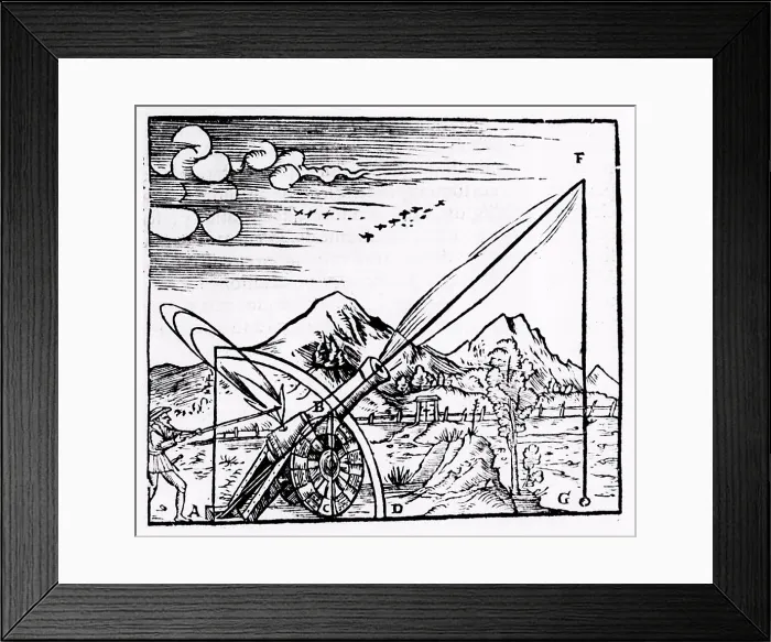 Framed Print : Gunner firing a cannon. The path of the projectile is shown according to Aristotelian physics Framed Print : Gunner firing a cannon. The path of the projectile is shown according to Aristotelian physics