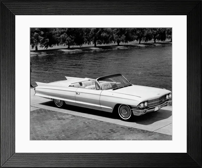 Framed Print : High angle view of a convertible car parked near lake, 1962 Cadillac Series 62 Framed Print : High angle view of a convertible car parked near lake, 1962 Cadillac Series 62