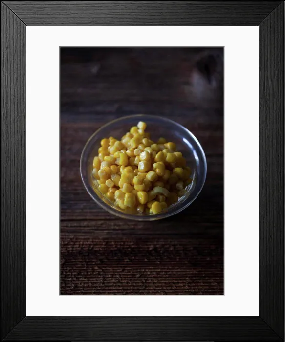 Framed Print : Sweet corn in a little glass bowl on a rustic wooden table Framed Print : Sweet corn in a little glass bowl on a rustic wooden table
