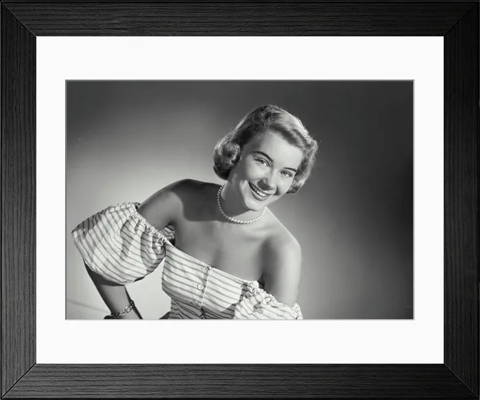Framed Print : Vintage Photograph. Woman in striped blouse smiling wide at camera