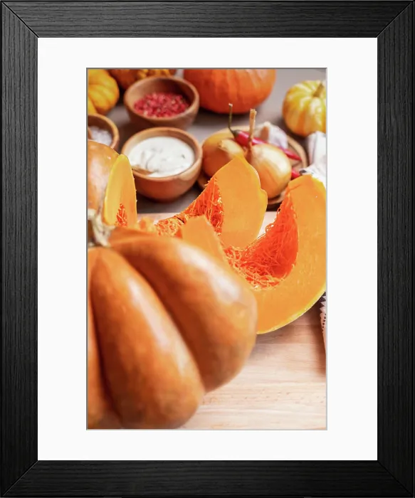 Framed Print : Ingredients for pumpkin soup close up, vertical frame